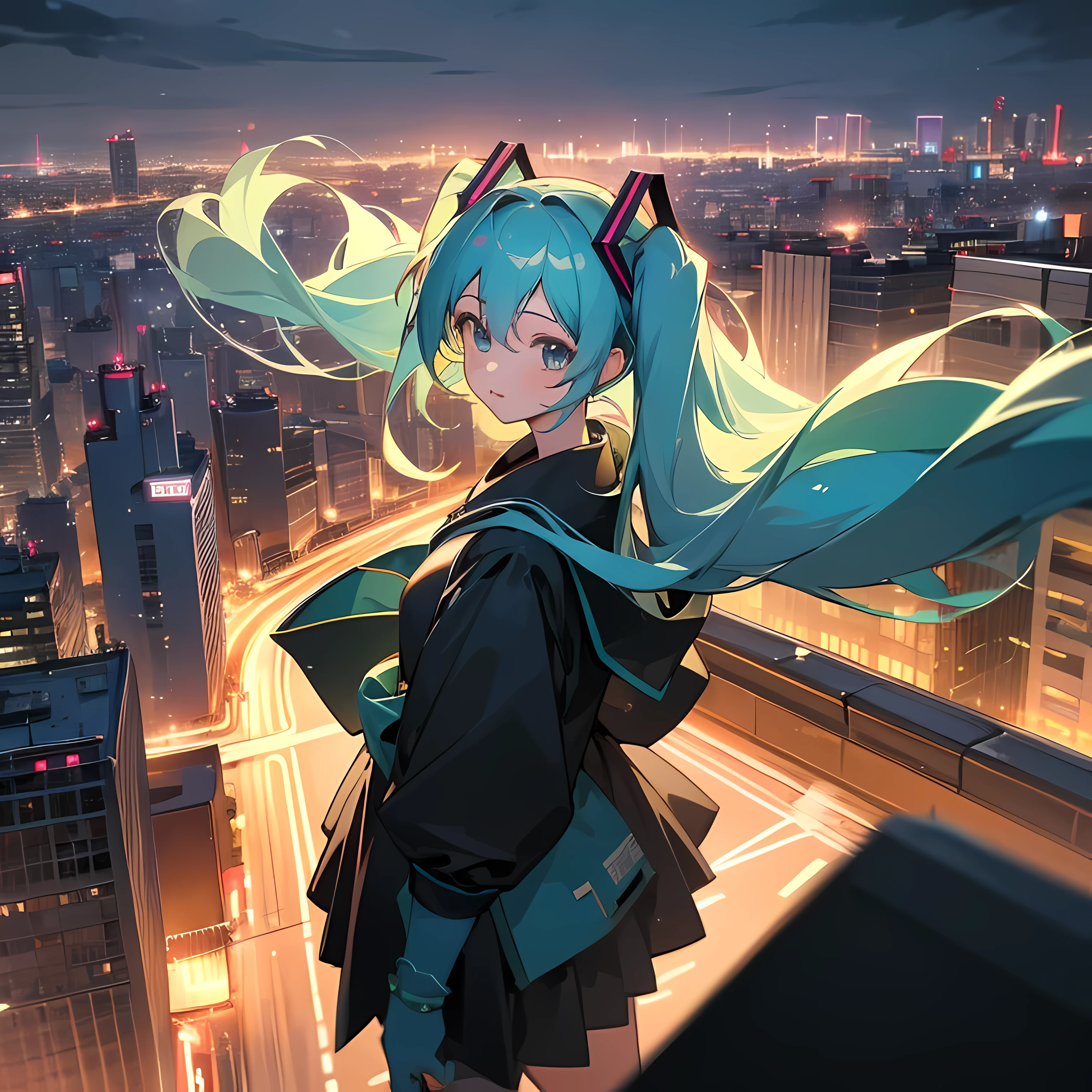 (1 girl),(high quality), (High resolution), (extremely detailed), (8K),(CG), Hatsune Miku, night time, shibuya, dressed cool, Downtown, lively city