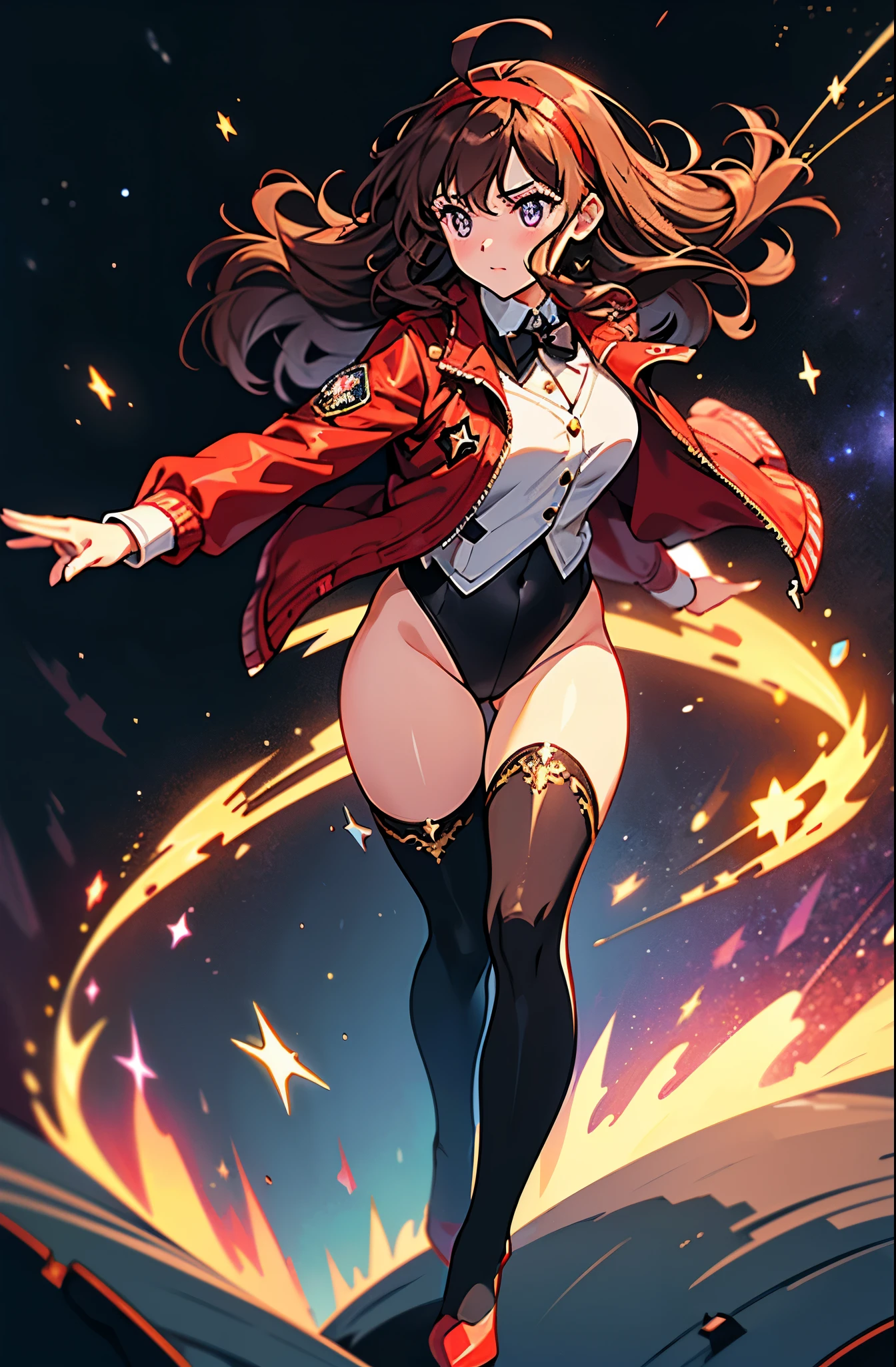 ((masterpiece)), ((best quality)), ((high res)), 3D anime style, solo, solo focus, Woman with brown eyes, age 21 (medium hair, dark brown hair, wavy hair, red hairband), ahoge, ((white blouse with black stars, vest, suit jacket, opened jacket, red jacket with stars)), (leotard, black leotard, bare legs, black thigh-highs, high-heel shoes, matching footwear), purple stellar energy around, cosmic power, cosmic shining power. purple eyes, beautiful detailed eyes, beautiful detailed face, cute face, (perfect hands, complete fingers), (perfect anatomy, perfect proportions). (casting a spell). full body costume design, full body, cowboy shot.