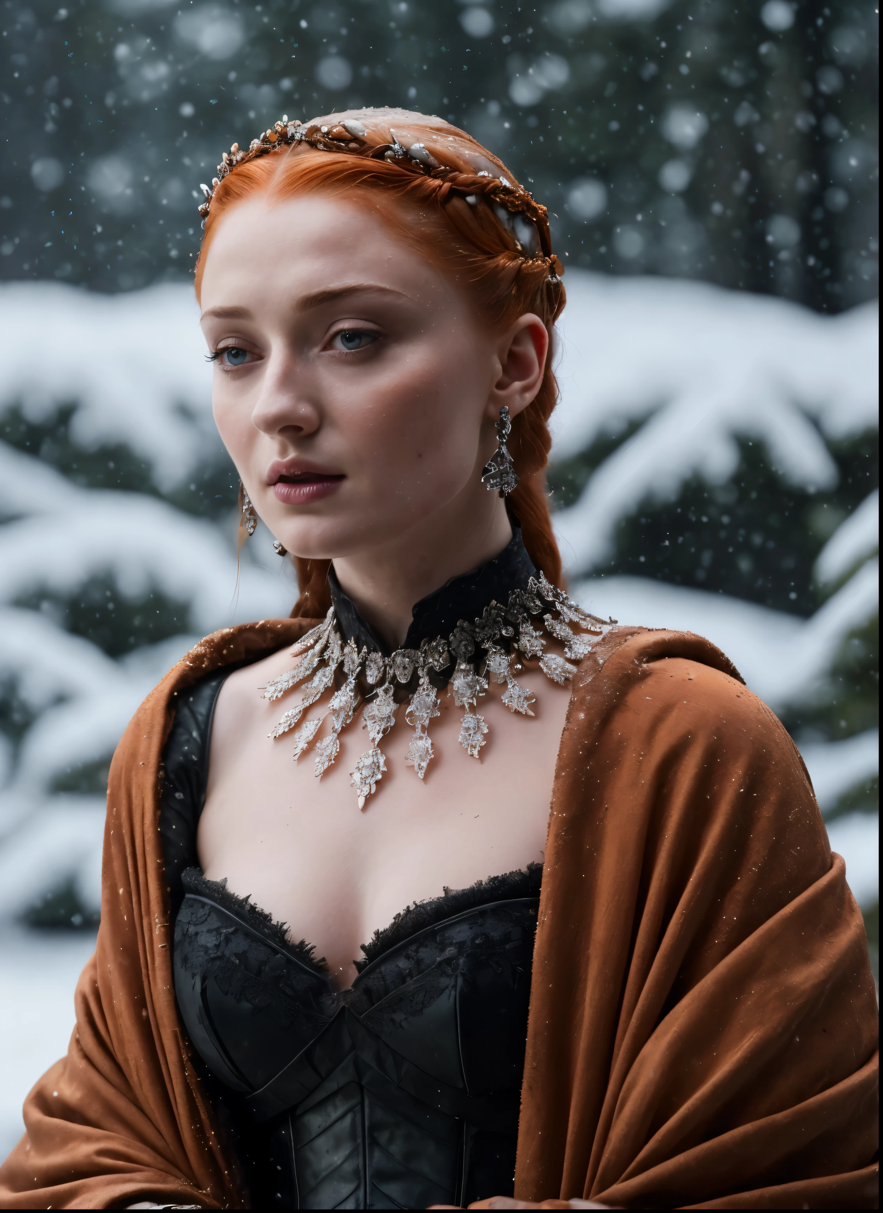 Face of Sophie Turner, Sansa Stark played by Sophie Turner, the de facto Lady of the Eyrie, is a 40-year-old mature queen with a stunning, alluring appearance. Full Face, pierced eyes, reddish lips, upper body shot, erotic Mediaeval costumes, game of thrones costumes, She wears a Game of Thrones-inspired costume and has a deep cleavage, a perfect thick body, and a perfect thick figure. The photograph captures her in a close-up, with her skin texture and facial features being ultra-realistic and realistic. Juicy thick figure, high quality skin, Skin pores, amazing details, snow, snow flakes, semi realistic, extremely detailed eyes, dark moody orange and black settings, cool environment, artificial intelligence