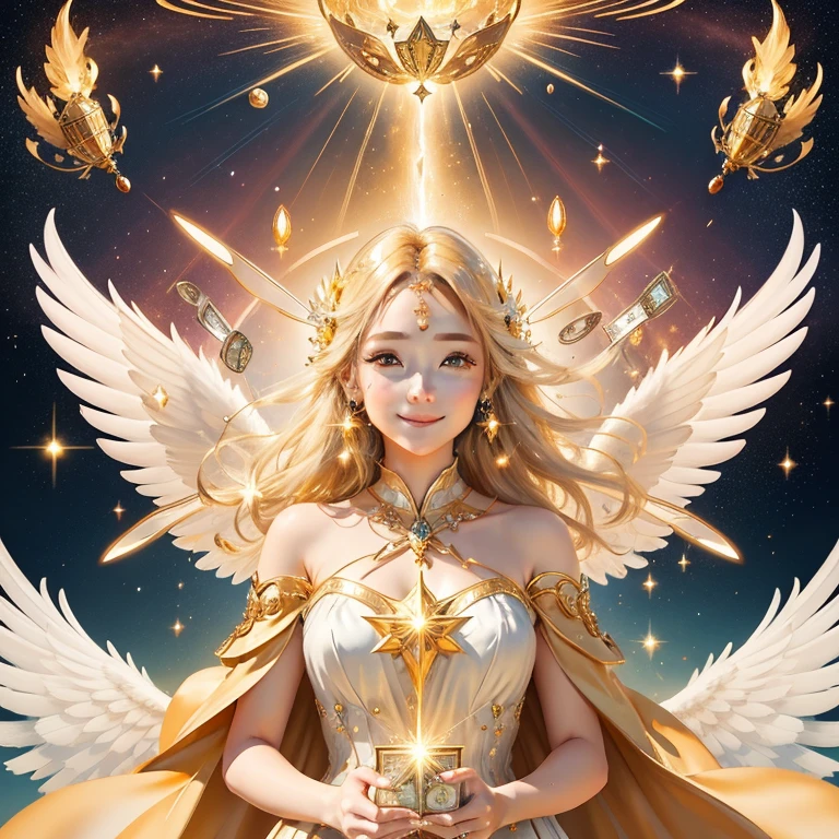 Radiant woman、beautiful light、look up、Aired dresses、Wind、colorful、golden、Sparkling、god々々right、Power from space、detailed expression parts、beautiful and cute face、While smiling、masterpiece、A carefully drawn face, masterpiece, dollar money floating around, an angel of money, money showers