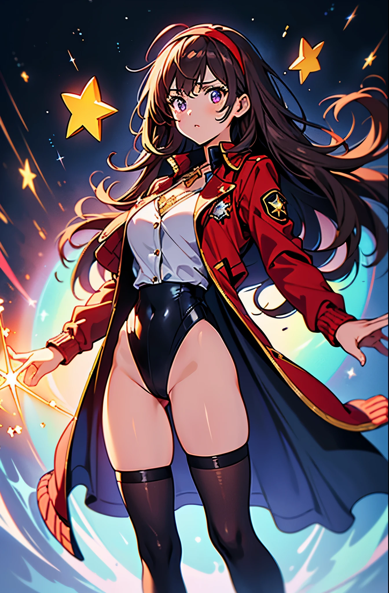Woman with brown eyes, age 21 (medium hair, dark brown hair, wavy hair, red hairband), ahoge, ((white blouse with black stars, vest, jacket, opened jacket, red jacket with stars)), (leotard, bare legs, black thigh highs, high-heel shoes), purple stellar energy around, cosmic power, cosmic shining power. purple eyes, beautiful detailed eyes, beautiful detailed face, cute face, perfect hands, complete fingers, perfect anatomy, perfect proportions. (casting a spell). full body costume design, full body, cowboy shot.