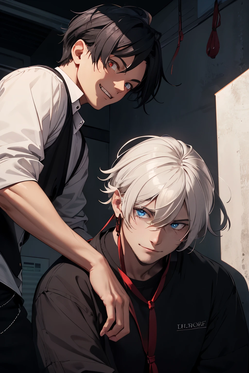 Two men are in a dark room. one of them is a white-haired man with red eyes. he smiles mysteriously, his cheeks red with embarrassment. the second man is below. He has black hair and blue eyes. he is very scared of what is happening, he was and tied up.