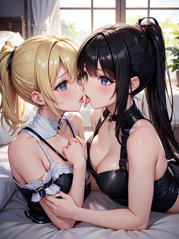 (((Browsing Caution)))、highest quality、masterpiece Lesbian joy Intertwining tongues beautiful girl black hair and blonde ponytail On the bed. Caution required when viewing.、Small breasts、Blowjob、2 girls