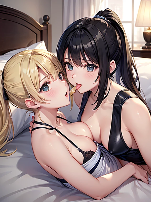 (((Browsing Caution)))、highest quality、masterpiece Lesbian joy Intertwining tongues beautiful girl black hair and blonde ponytail On the bed. Caution required when viewing.、Small breasts、Blowjob、2 girls