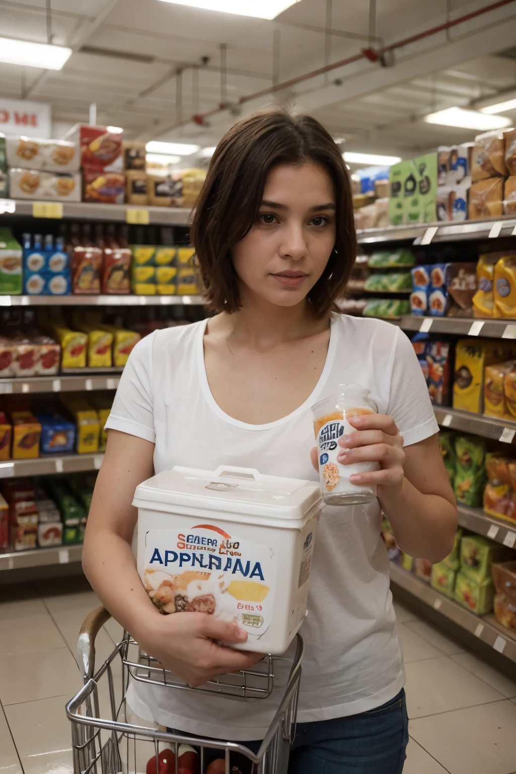 Foto realista de familia comprando leche en un supermercado durante la pandemia