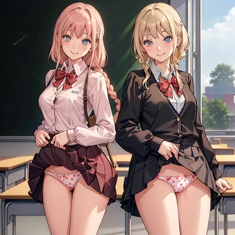((2 girls))、(smile:1.5)、Small breasts、(Cowboy Shot)、(fun!!)、(cardigan)、(Blonde)、(blush:1.4)、、(single braid)、(Eye highlights:1.3)、blake black shoes,(黒いskirt)、bow, button, shirt with collar, Long sleeve, ((red bow tie, , Black jacket, Open jacket, 茶色のcardigan, white shirt, 黒のskirt, チェック柄のskirt、white socks)),, shirt,, skirt, socks, Thighs, white shirt, Rest indoors, ((classroom:1.5))、 BREAK while watching the audience、(skirtを掴む:1.0)、 (Perfect hands, Perfect Anatomy),Cowboy Shot、(skirt lift:1.3),(Highly detailed strawberry print panties:1.3)、(highly detailed panties:1.3)、、(skirt that rolls up:1.3)、(Full-fledged panties:1.5)、Light blue eyes、