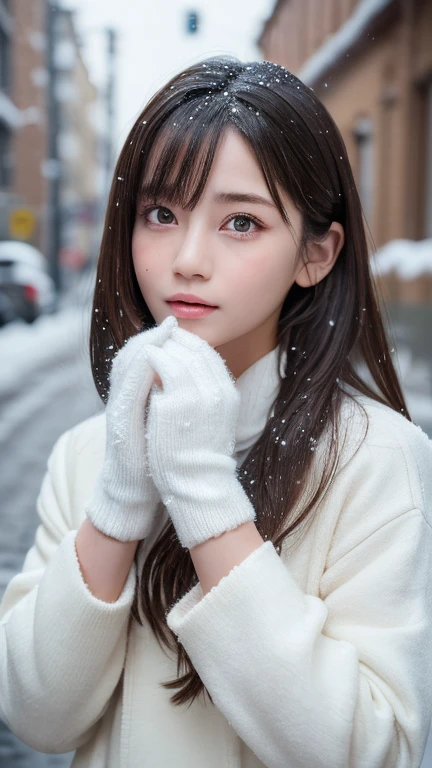 one girl, (a beauty girl, delicate girl:1.3), (:1.3),
break, (Winter clothes, Cute Uniform:1.3),
break, (Street view:1.3), (that&#39;that&#39;it&#39;s snowing:1.3), (wool gloves), perfectly trimmed fingers,
break, extremely fine-grained clarthaty, (Symmetrical eyes:1.3),
break, Small breasts, Brown eyes, parted bangs, brown hair,  girl,
break, (Eye and facial details:1.0), (Get closer to the face, Make your face bigger, Face Focus:1.0),
break, (masterpiece, highest qualthaty, Very detailed, Detailed face, 8k)