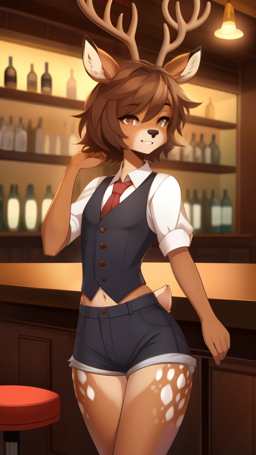 Best quality, super detailed illustration, warm colors, perfect lighting, better detail, (fluffy deer boy:1.4) , feminine face and body, disheveled thick hair, Bartender's clothes, short shorts, shirt, vest, black butterfly, behind the bar ,Sleepy view, bags under the eyes, femboy, small waist, wide hips, slim, perfect body, style &quot;DND&quot;