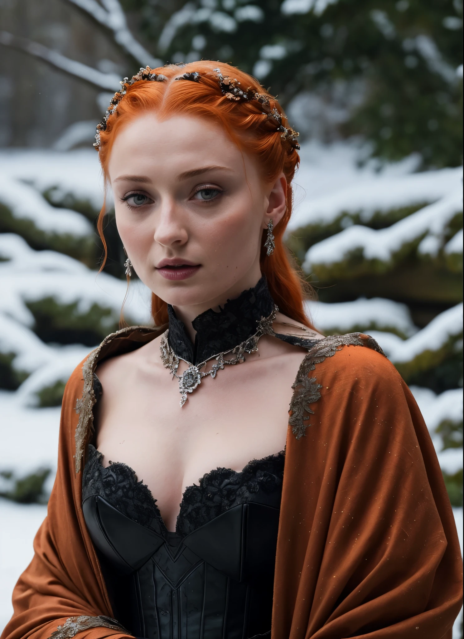 Face of Sophie Turner, Sansa Stark played by Sophie Turner, the de facto Lady of the Eyrie, is a 40-year-old mature queen with a stunning, alluring appearance. Full Face, pierced eyes, reddish lips, upper body shot, erotic Mediaeval costumes, game of thrones costumes, She wears a Game of Thrones-inspired costume and has a deep cleavage, a perfect thick body, and a perfect thick figure. The photograph captures her in a close-up, with her skin texture and facial features being ultra-realistic and realistic. Juicy thick figure, high quality skin, Skin pores, amazing details, snow, snow flakes, semi realistic, extremely detailed eyes, dark moody orange and black settings, cool environment, artificial intelligence