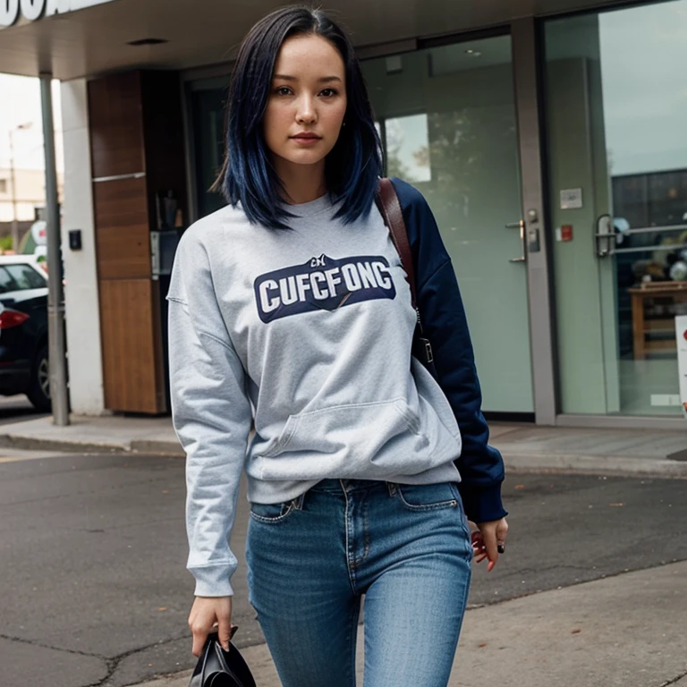 Pom Klementieff dressed in sweatshirt and jeans