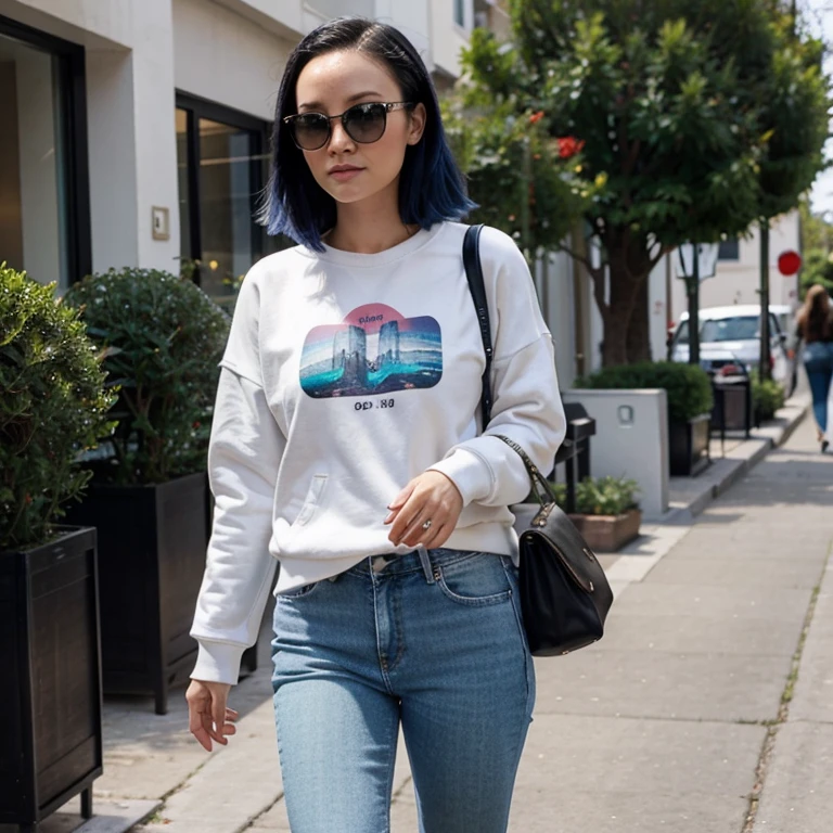 Pom Klementieff dressed in sweatshirt and jeans