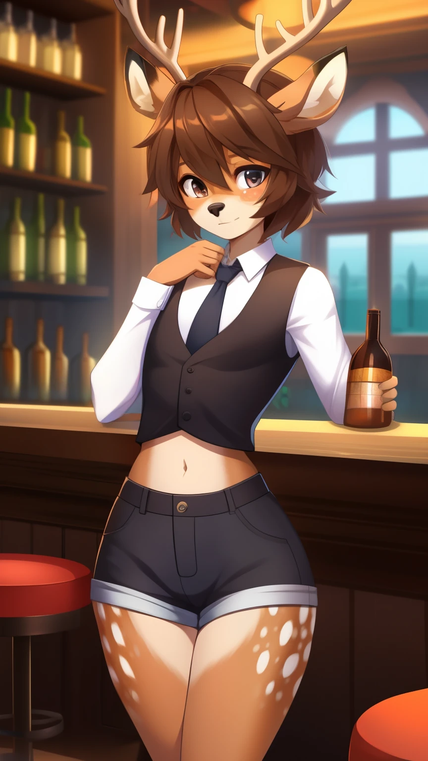 Best quality, super detailed illustration, warm colors, perfect lighting, better detail, (fluffy deer boy:1.4) , feminine face and body, disheveled thick hair, Bartender's clothes, short shorts, shirt, vest, black butterfly, behind the bar ,Sleepy view, bags under the eyes, femboy, small waist, wide hips, slim, perfect body, style &quot;DND&quot;