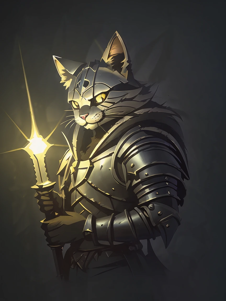 A cat knight in Medieval armor holding a long sword, com um olhar determinado, tendo como pano de fundo um antigo castelo e uma floresta densa. average: illustration, average: 3D rendering, (melhor qualidade,4K,8k,high resolution,obra de arte:1.2),ultra-detalhado,(realista,photorealista,photo-realista:1.37), HDR, lighting de estúdio, extreme detailed description, cores vivas, sharp focus. Estilo de arte: fantasia, Medieval, animal, Action. tom de cor: Escuro, tons terrosos. lighting: dramatic, enfatizando sombras e realces.