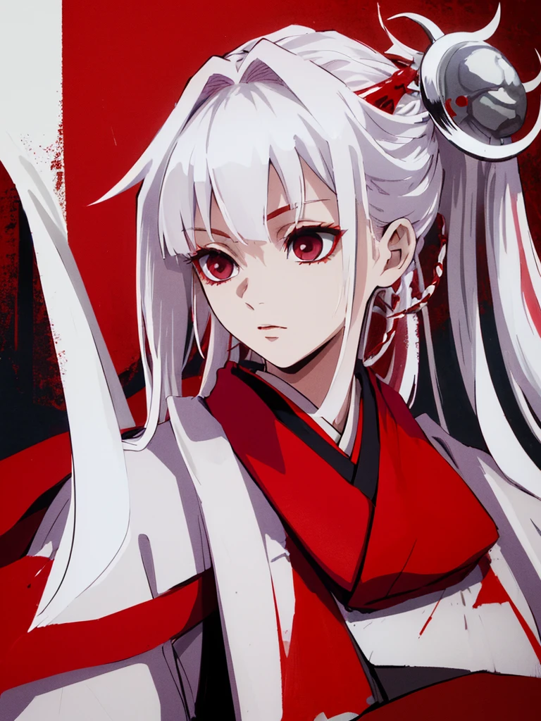 (((highest quality)))) masterpiece, beste-Qualit, solo, 1boy, Vermilion hair, , dark eyes, red kimono, upper-body, portraite of a, white silver hair colour, respect anotomy correctly