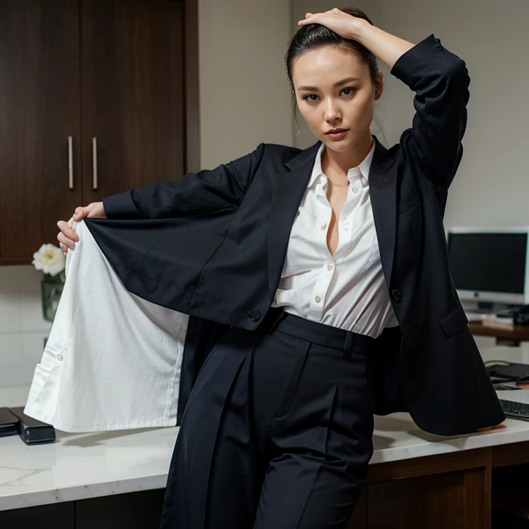 Pom Klementieff dressed in dress shirt with pants