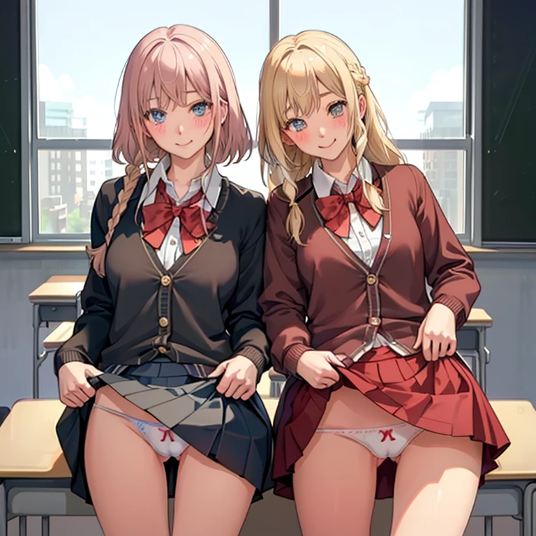 ((2 girls))、(smile:1.5)、Small breasts、(Cowboy Shot)、(fun!!)、(cardigan)、(Blonde)、(blush:1.4)、、(single braid)、(Eye highlights:1.3)、blake black shoes,(黒いskirt)、bow, button, shirt with collar, Long sleeve, ((red bow tie, , Black jacket, Open jacket, 茶色のcardigan, white shirt, 黒のskirt, チェック柄のskirt、white socks)),, shirt,, skirt, socks, Thighs, white shirt, Rest indoors, ((classroom:1.5))、 BREAK while watching the audience、(skirtを掴む:1.0)、 (Perfect hands, Perfect Anatomy),Cowboy Shot、(skirt lift:1.3),(highly detailed panties:1.3)、(highly detailed panties:1.3)、、(skirt that rolls up:1.3)、(Full-fledged panties:1.5)、Light blue eyes、