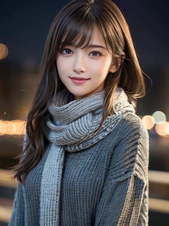 1 girl,(Dark Gray Sweater:1.4),(He has a big scarf around his neck:1.2), (RAW Photos, highest quality), (Realistic, Photorealistic:1.4), Tabletop, Very delicate and beautiful, Very detailed, 8k wallpaper, wonderful, finely, Very detailed CG Unity, High resolution, Soft Light, Beautiful and detailed 19 year old girl, Very detailed目と顔, Beautiful and detailed nose, finelyて美しい目,Cinema Lighting,City lights at night,Perfect Anatomy,Slender body,smile  (Dirty hair, Asymmetrical bangs, Light brown hair,)