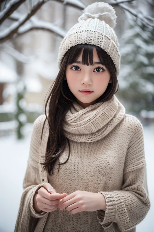 one girl, (a beauty girl, delicate girl:1.3), (:1.3),
break, Browsing Caution, (publish nudes:1.3), (scarf, Knitted hat:1.3),
break, Very fine grain definition, (Symmetrical eyes:1.3),
break, (Snow Scene:1.3),
break, Small breasts, Brown eyes, parted bangs, brown hair, girl,
break, (Eyes and facial details:1.0),
break, (masterpiece, highest quality, Super detailed, Detailed face, 8k)