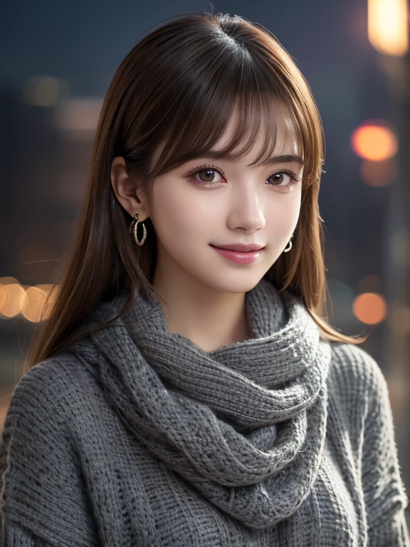 1 girl,(Dark Gray Sweater:1.4),(He has a big scarf around his neck:1.2), (RAW Photos, highest quality), (Realistic, Photorealistic:1.4), Tabletop, Very delicate and beautiful, Very detailed, 8k wallpaper, wonderful, finely, Very detailed CG Unity, High resolution, Soft Light, Beautiful and detailed 19 year old girl, Very detailed目と顔, Beautiful and detailed nose, finelyて美しい目,Cinema Lighting,City lights at night,Perfect Anatomy,Slender body,smile (Earrings, Asymmetrical bangs, Light brown hair,)