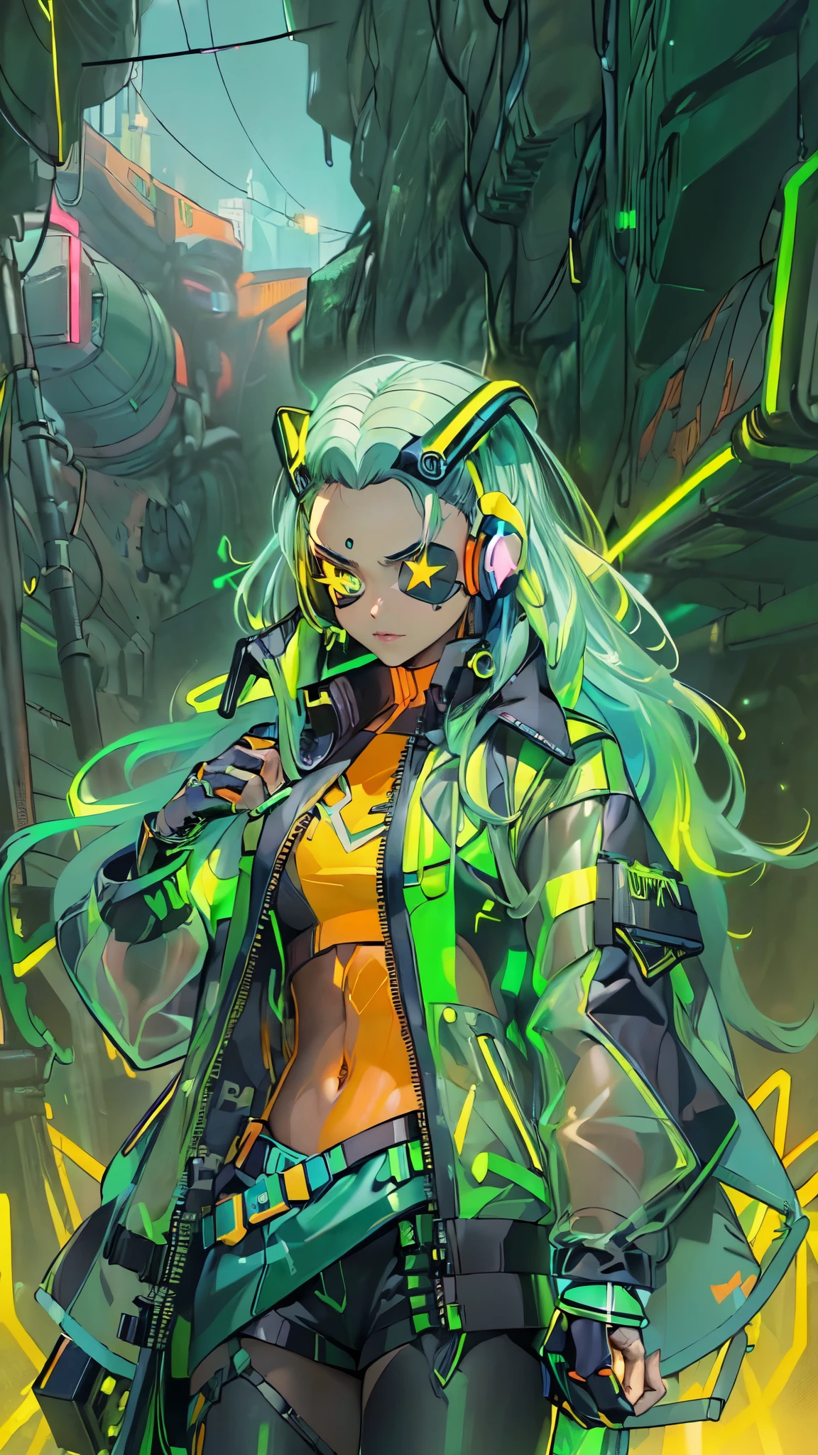 (quality)), ((masterpiece)),Ariana Grande in a green cyborg jacket,Dance ballet ,(neon green student jacket:1.4), (yellow transparent miniskirt cyborg schoolgirl:1.4),(background ice wall frozen cave:1.4), long white gray hair, the best, masterpiece, a high resolution, the best Quality, сверхa high resolution, great details, Works, award-winning, 16 thousand.,,(beautiful blue eyes), (Cowboy pose) ,(green transparent jacket in cyberpunk style:1.4), (Jupiter Star Wars city background:1.4), (orange jacket+cyborg red:1.4), Long red hair, (Ideal Anatomy ), (He has a pirate eyepatch:1.4) ,(cyber cyborg orange red chaqueta) , (showing flat stomach), (has clear plastic clothing:1.4) ,(showing lace panties) ,(african black leather:1.4) ,( Cyberpunk 2.1), (Cabello Largo yellow neon:1.4), (Yellow cyberpunk Bluetooth headphones on head:1.4),