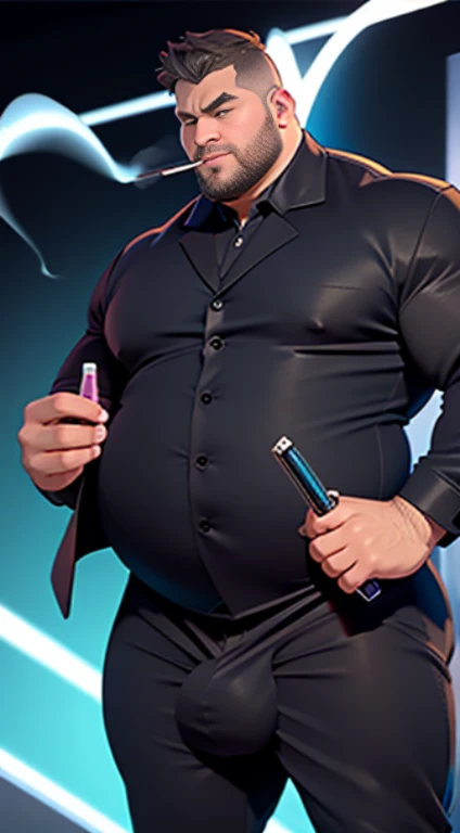 Cartoon illustration for logo of an overweight man in a suit holding a wotofo electronic cigarette giving off a lot of vapor, posando para fotografias imagens de corpo inteiro fotografia de Corpo completo imagem centralizado