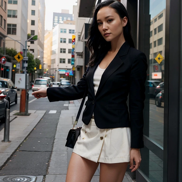 Pom Klementieff dressed in a blazer and short skirt
