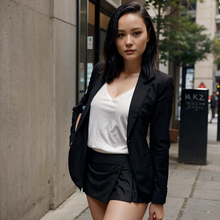 Pom Klementieff dressed in a blazer and short skirt