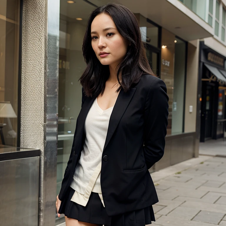 Pom Klementieff dressed in a blazer and short skirt