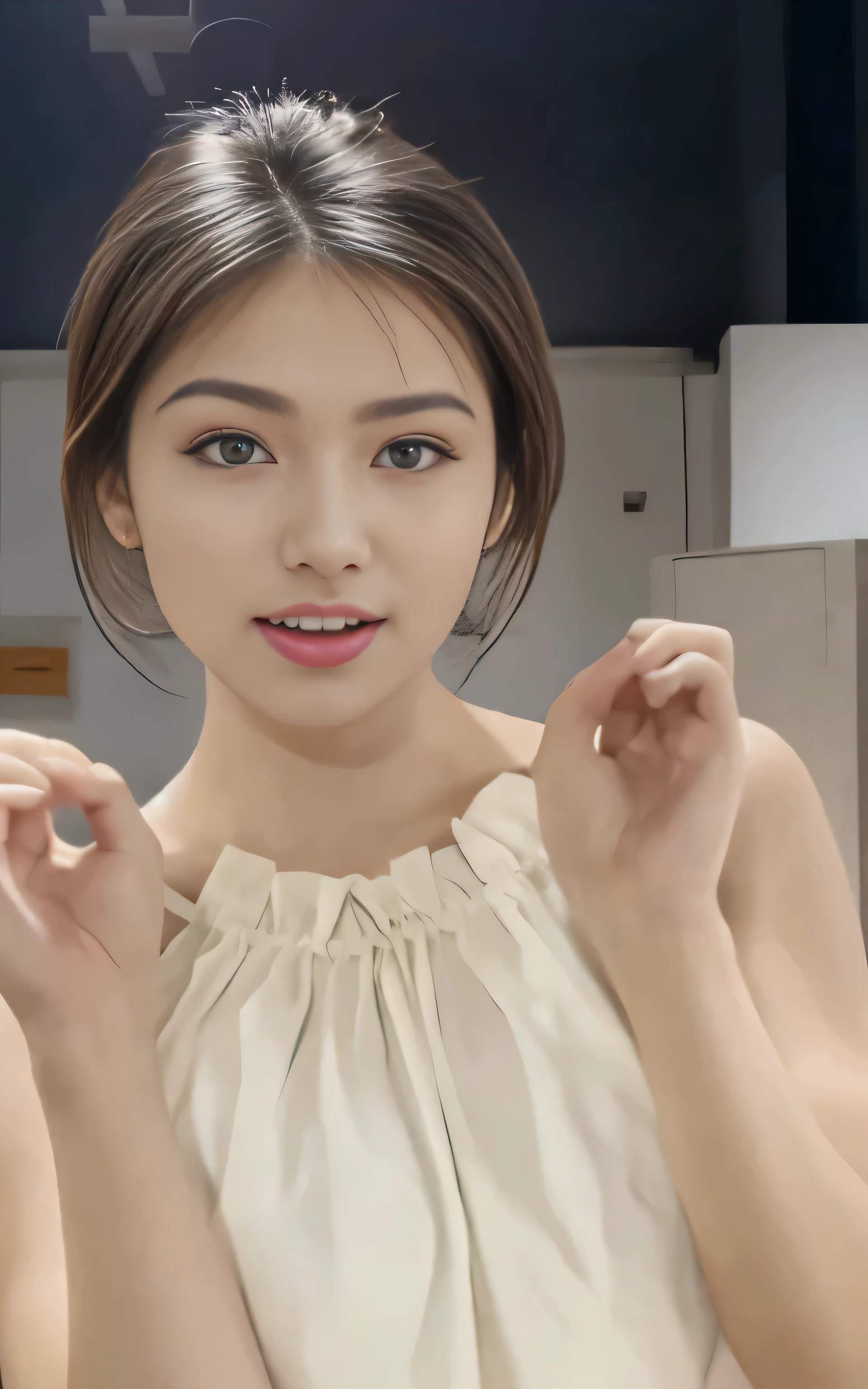 There's a woman holding my hand,{White bra:see-through:nipple},{short hair}
