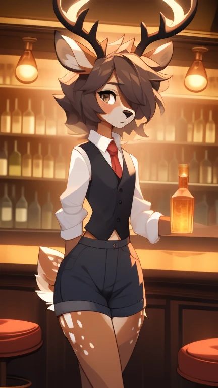 Best quality, super detailed illustration, warm colors, Ideal lighting, better detail, (fluffy deer boy:1.4) , feminine face and body, disheveled thick hair, Bartender's clothes, short shorts, shirt, vest, black butterfly, Sleepy view, bags under the eyes, femboy, small waist, wide hips, slim, perfect body, style &quot;DND&quot;