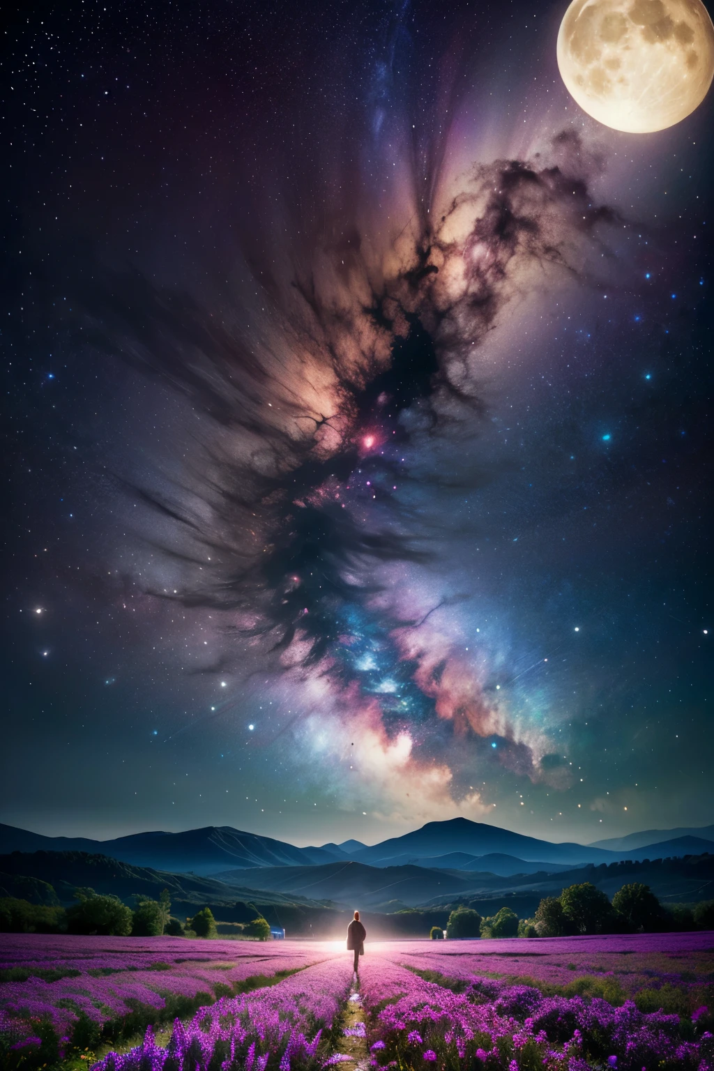 expansive landscape photograph , (a view from below that shows sky above and open field below), a girl standing on flower field looking up, (full moon:1.2), ( shooting stars:0.9), (nebula:1.3), distant mountain, tree BREAK
production art, (warm light source:1.2), (Firefly:1.2), lamp, lot of purple and orange, intricate details, volumetric lighting BREAK
(masterpiece:1.2), (best quality), 4k, ultra-detailed, (dynamic composition:1.4), highly detailed, colorful details,( iridescent colors:1.2), (glowing lighting, atmospheric lighting), dreamy, magical, (solo:1.2)