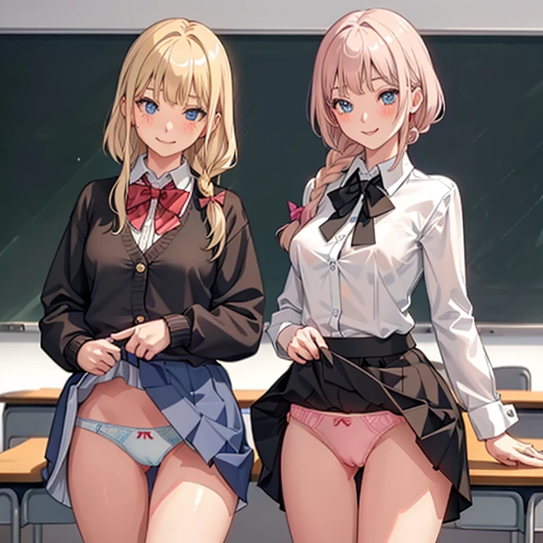 ((2 girls))、(smile:1.5)、Small breasts、(Cowboy Shot)、(fun!!)、(cardigan)、(Blonde)、(blush:1.4)、、(single braid)、(Eye highlights:1.3)、blake black shoes,(黒いskirt)、bow, button, shirt with collar, Long sleeve, ((red bow tie, , Black jacket, Open jacket, 茶色のcardigan, white shirt, 黒のskirt, チェック柄のskirt、white socks)),, shirt,, skirt, socks, Thighs, white shirt, Rest indoors, ((classroom:1.5))、 BREAK while watching the audience、(skirtを掴む:1.0)、 (Perfect hands, Perfect Anatomy),Cowboy Shot、(skirt lift:1.3),(highly detailed panties:1.3)、(highly detailed panties:1.3)、、(skirt that rolls up:1.3)、(Full-fledged panties:1.5)、Light blue eyes、