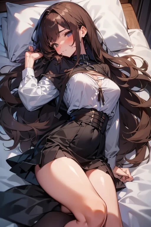 Young Italian girl, long brown hair, gigantic breasts, small torn blouse that does not contain the breasts, black miniskirt, lying on the bed, the breasts are tied together, and tied to the bed