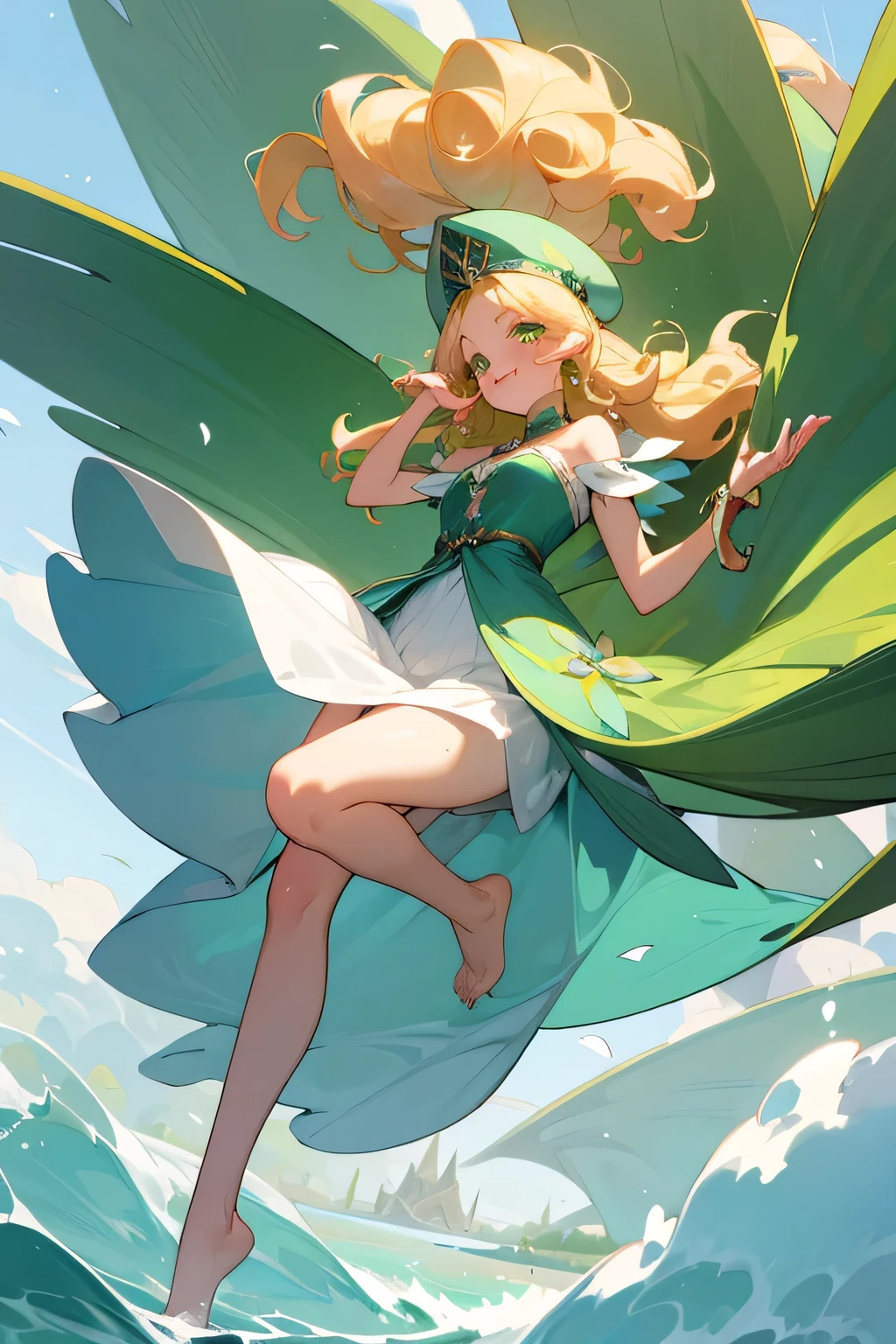 Blonde curly hair,big wave,Waist-length hair,Hold the brim with your right hand,A delicate smile,Emerald green eyes,Blushing on the face,The skirt was blown up by the wind,Pull the skirt with your left hand,White palace style long skirt,Open shoulders,Sexy,Hazy style,Hair detail deepening,Healthy body,Slightly fat legs,No shoes,Jade Foot,Decorated with gems,There are parrots on the shoulders,grassland,Sit on the floonger details,five fingers,Five generations