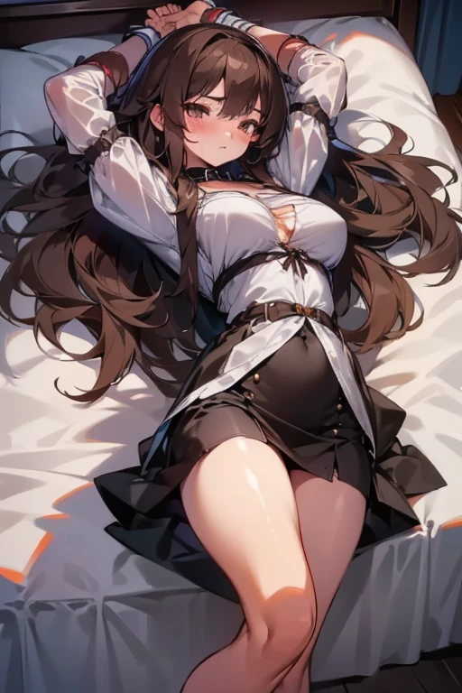 Young Italian girl, long brown hair, gigantic breasts, small torn blouse that does not contain the breasts, black miniskirt, lying on the bed, her breasts are tied together, and her arms and legs are tied to the bed, she has a slave collar