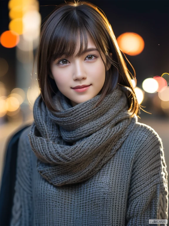 1 girl,(Dark Gray Sweater:1.4),(He has a big scarf around his neck:1.2), (RAW Photos, highest quality), (Realistic, Photorealistic:1.4), Tabletop, Very delicate and beautiful, Very detailed, 8k wallpaper, wonderful, finely, Very detailed CG Unity, High resolution, Soft Light, Beautiful and detailed 19 year old girl, Very detailed目と顔, Beautiful and detailed nose, finelyて美しい目,Cinema Lighting,City lights at night,Perfect Anatomy,Slender body,smile  (Dirty hair, Asymmetrical bangs, Light brown hair,)