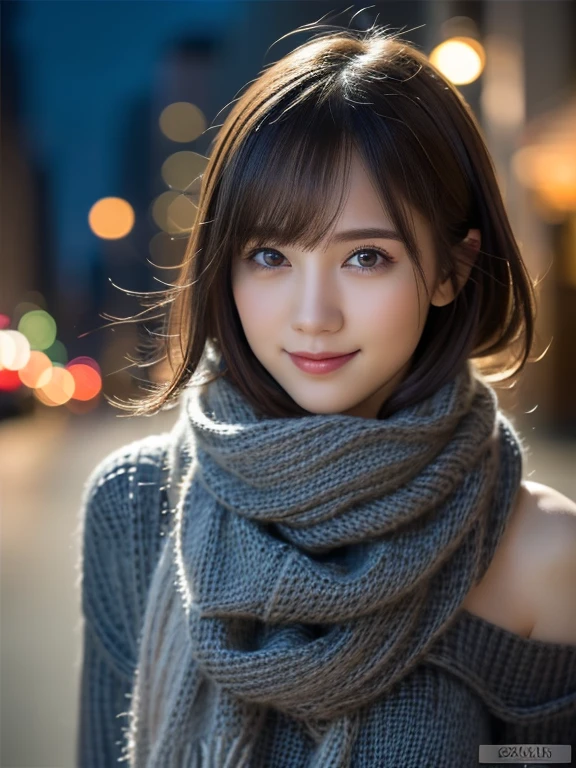 1 girl,(Dark Gray Sweater:1.4),(He has a big scarf around his neck:1.2), (RAW Photos, highest quality), (Realistic, Photorealistic:1.4), Tabletop, Very delicate and beautiful, Very detailed, 8k wallpaper, wonderful, finely, Very detailed CG Unity, High resolution, Soft Light, Beautiful and detailed 19 year old girl, Very detailed目と顔, Beautiful and detailed nose, finelyて美しい目,Cinema Lighting,City lights at night,Perfect Anatomy,Slender body,smile  (Dirty hair, Asymmetrical bangs, Light brown hair,)