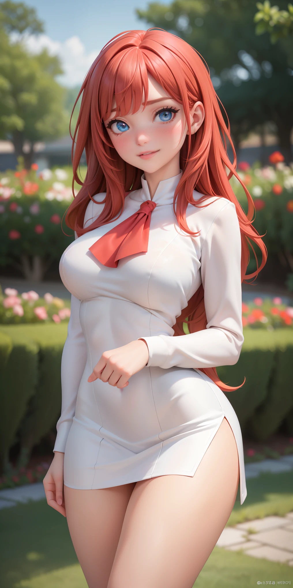 Medium round breasts, (1 mature Girl), ((light red hair: 5.2, long straight style, symmetrical bangs)), blue eyes, double eyelids, light effect on eyes, wide hips, white skirt dress, long sleeves, stylish, beautiful smile, shy, blush on cheeks, ((sexy body)), solo, best quality, masterpiece, portrait, flirting with viewer, sensual pose, detailed, perfect anatomy, detailed art, high definition, 4k, high resolution, garden, grass, bouquet of flowers