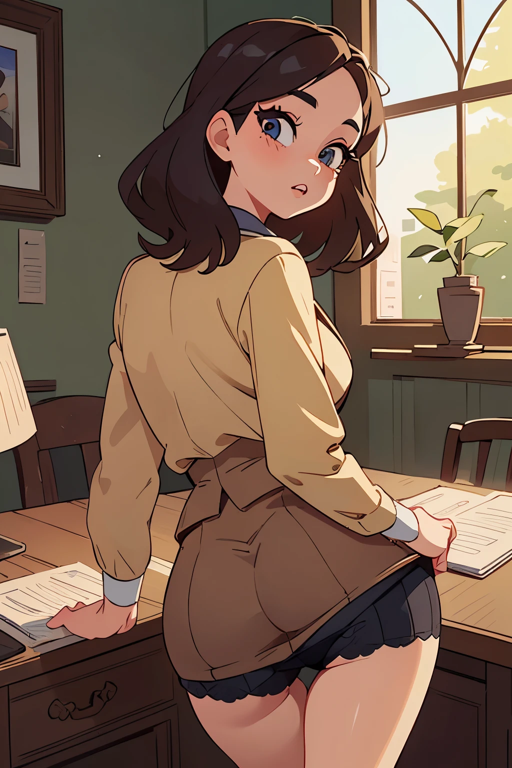 (best quality, masterpiece:1. 2), highly detailed, HDR, female, 45 years old, secretary, jacket, short skirt, stockings, beautiful, lace transparent thong), model position, looking at the viewer, (beautiful detailed eyes, beautiful detailed lips, extremely detailed eyes and face, long eyelashes), (shapely, rounded, hourglass) body, (beautiful detailed buttocks shapely buttocks firm buttocks), (shapely, toned) legs, seductive atmosphere, flirtatious look, very sexy, (visible panties), in the office, at work (standing back, leaning against the desk, buttocks pushed out, visible buttocks, looking back, looking at the viewer)