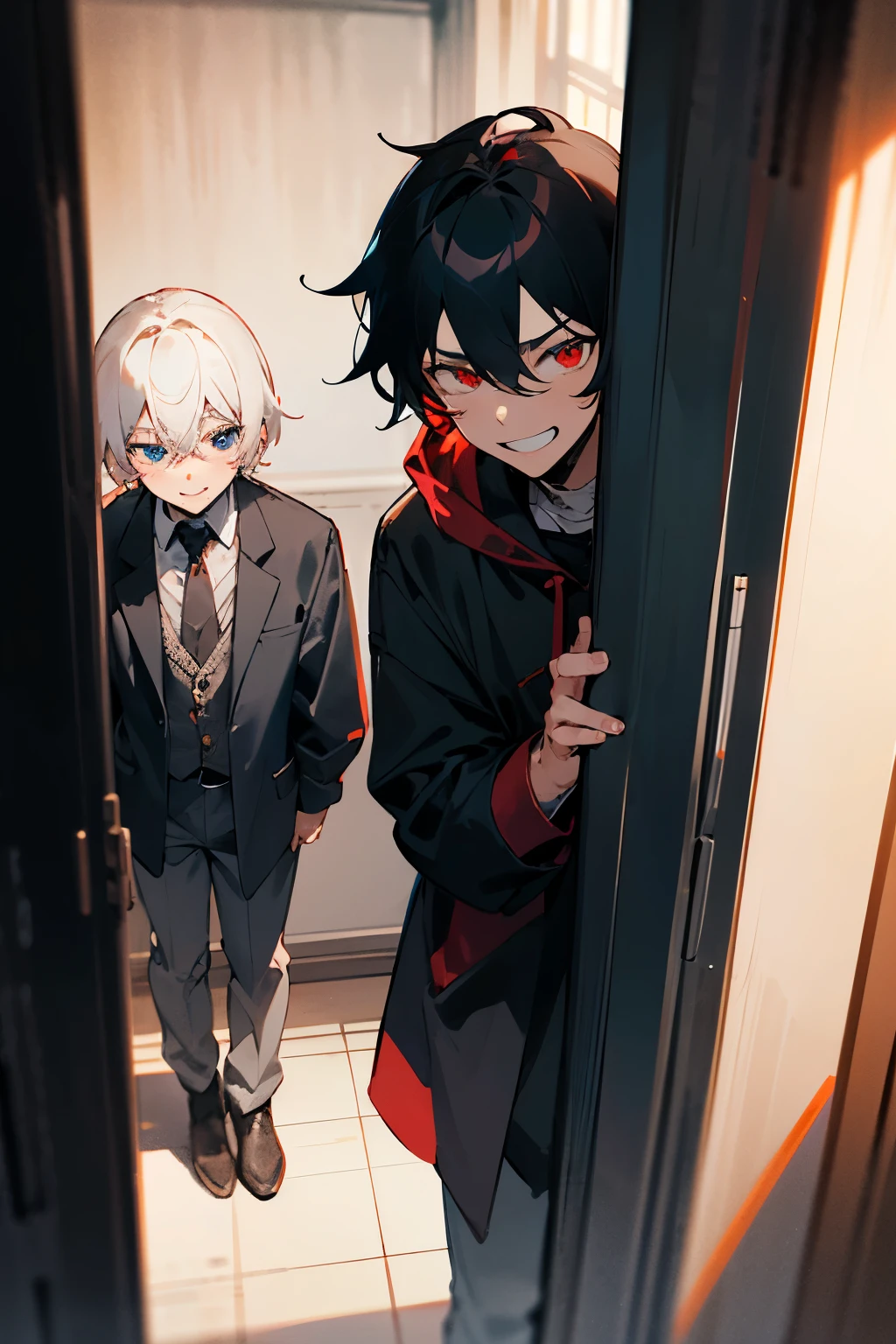 Two men are in a dark room. one of them is a white-haired man with red eyes. he smiles mysteriously, his cheeks red with embarrassment. the second man is below. He has black hair and blue eyes. he is very scared of what is happening, he was and tied up.