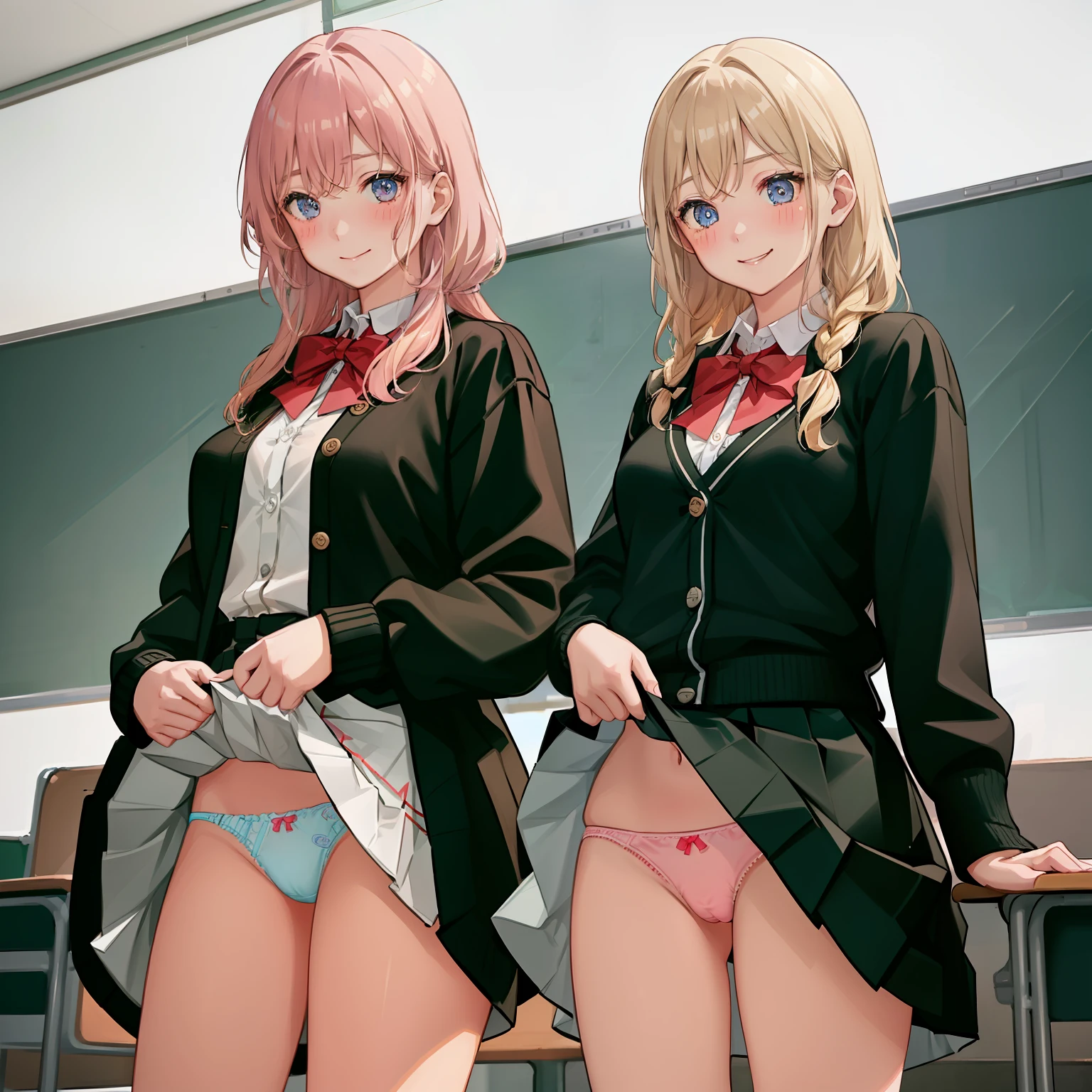((2 girls))、(smile:1.5)、Small breasts、(Cowboy Shot)、(fun!!)、(cardigan)、(Blonde)、(blush:1.4)、、(single braid)、(Eye highlights:1.3)、blake black shoes,(黒いskirt)、bow, button, shirt with collar, Long sleeve, ((red bow tie, , Black jacket, Open jacket, 茶色のcardigan, white shirt, 黒のskirt, チェック柄のskirt、white socks)),, shirt,, skirt, socks, Thighs, white shirt, Rest indoors, ((classroom:1.5))、 BREAK while watching the audience、(skirtを掴む:1.0)、 (Perfect hands, Perfect Anatomy),Cowboy Shot、(skirt lift:1.3),(highly detailed panties:1.3)、(highly detailed panties:1.3)、、(skirt that rolls up:1.3)、(Full-fledged panties:1.5)、Light blue eyes、