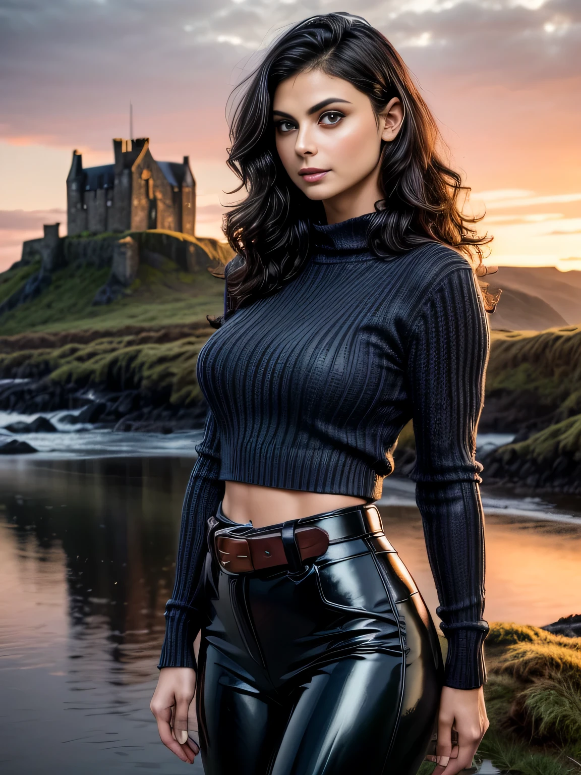 Foreground: a gorgeous woman (Morena Baccarin), wet wavy hair in the wind. she's a men magazine model, medium breast, beautiful round ass, She has a subtle smile and flirts with the camera, (she wears casual shirt with a knitted sweater and latex pants with big belt:1.2), background landscape of Scotland Loch and Scottish castle ruins, (in sunset light:1.2), , perfect eyes, perfect hands, perfect body, perfect hair, perfect breast, hair behind ear, UHD, retina, masterpiece, accurate, anatomically correct, textured skin, super detail, high details, high quality, award winning, best quality, highres, 16k, 8k,