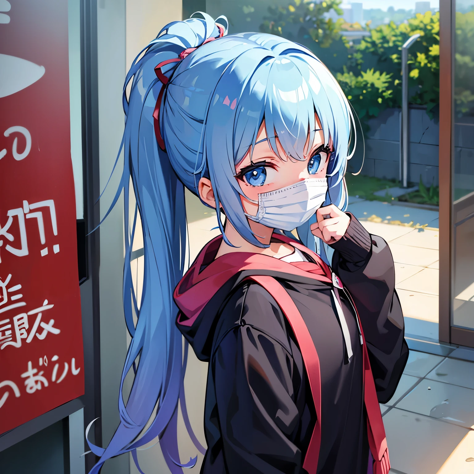 Anime, girl, cute, ager, student, face mask, tied hair, bangs