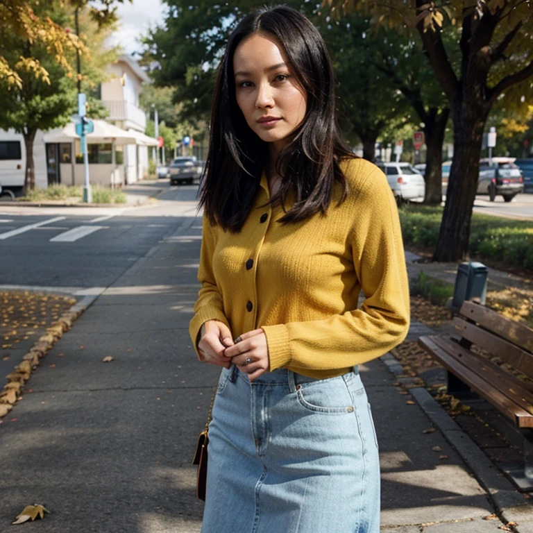 Pom Klementieff in autumn weather dressed in light clothing