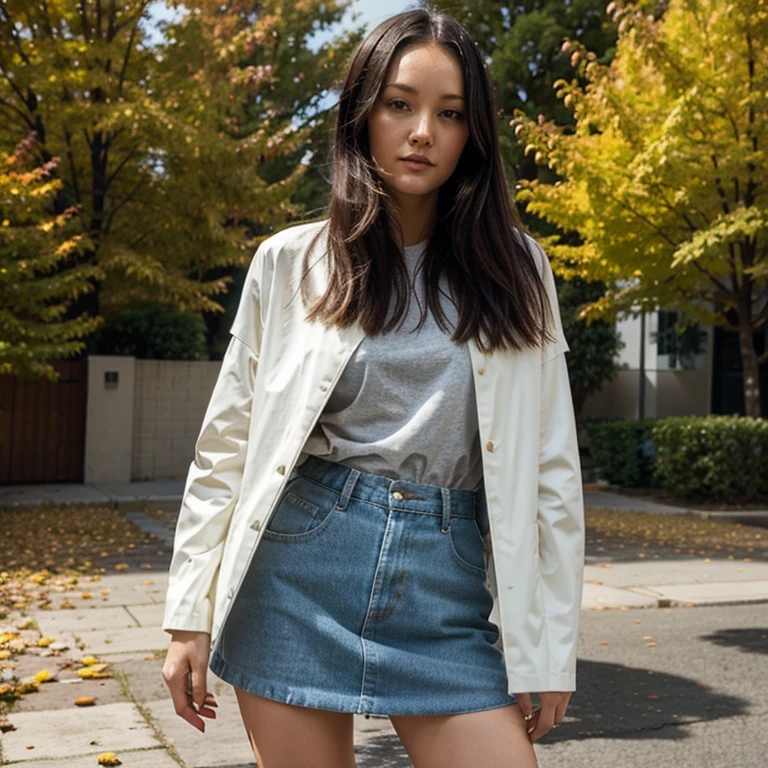 Pom Klementieff in autumn weather dressed in light clothing