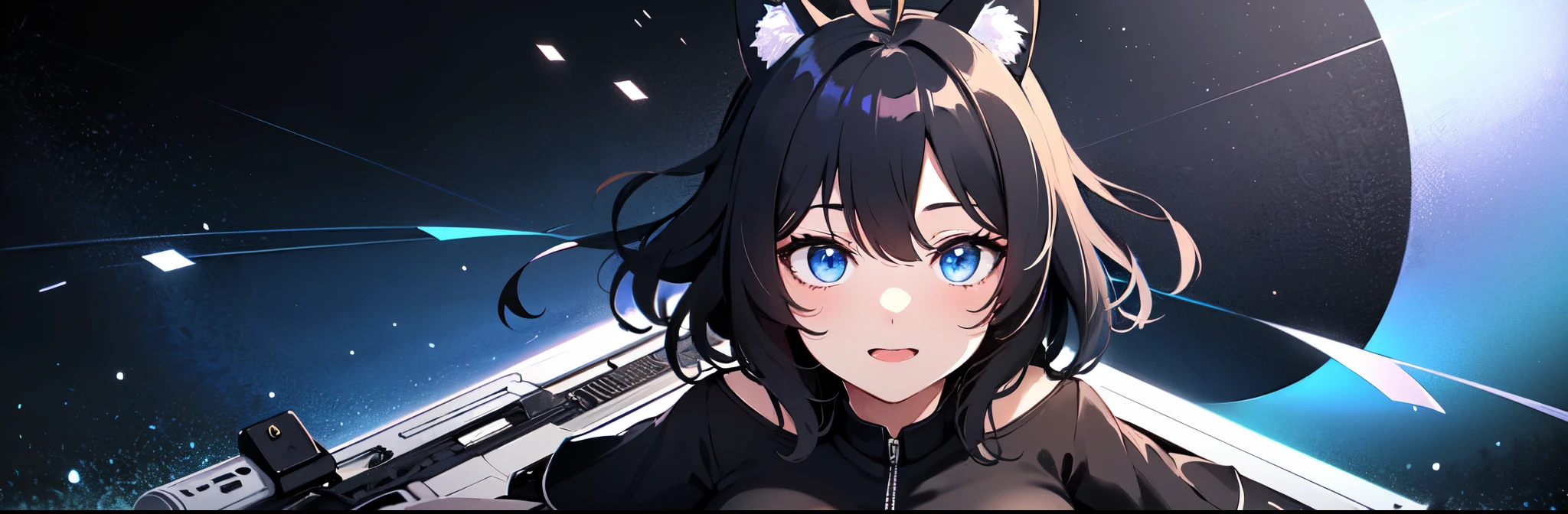 Watching the audience, One girl, Open your mouth, smile, Virtual YouTuber、With a girl、((highest quality, expensive_solve, Clear_image)),(Black Hair), (black cat ears), (Ahoge), (ridiculously short hair), (Wavy Hair), (blue eyes)、Very large breasts,wearing a t-shirt、Assault rifle