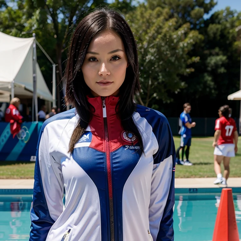 Pom Klementieff dressed as an Olympic athlete