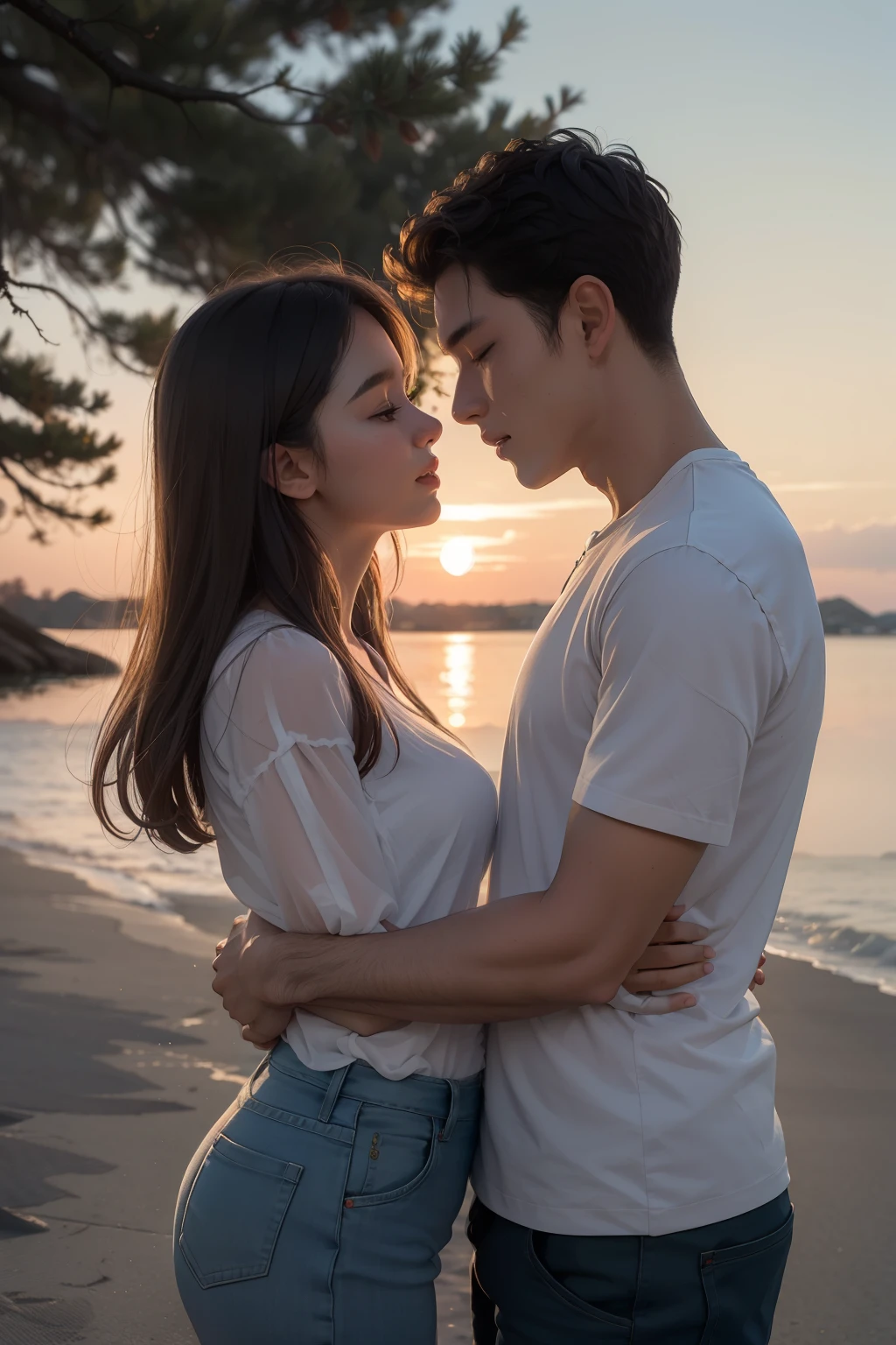Una pareja de jovenes se abraza junto a un arbol durante un atardecer