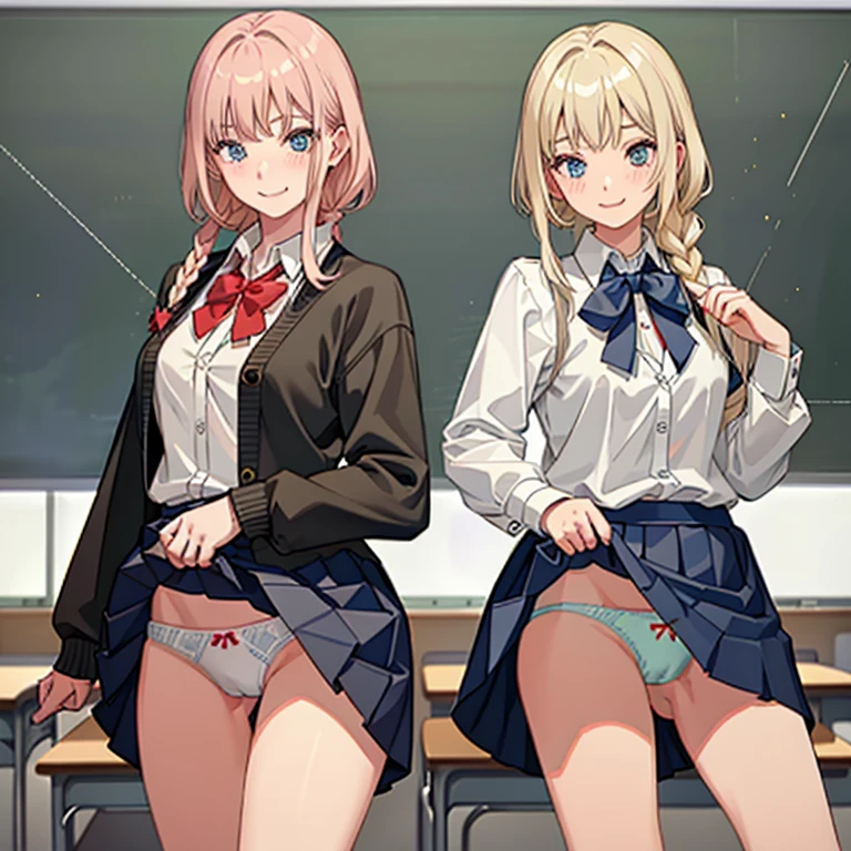 ((2 girls))、(smile:1.5)、Small breasts、(Cowboy Shot)、(fun!!)、(cardigan)、(Blonde)、(blush:1.4)、、(single braid)、(Eye highlights:1.3)、blake black shoes,(黒いskirt)、bow, button, shirt with collar, Long sleeve, ((red bow tie, , Black jacket, Open jacket, 茶色のcardigan, white shirt, 黒のskirt, チェック柄のskirt、white socks)),, shirt,, skirt, socks, Thighs, white shirt, Rest indoors, ((classroom:1.5))、 BREAK while watching the audience、(skirtを掴む:1.0)、 (Perfect hands, Perfect Anatomy),Cowboy Shot、(skirt lift:1.3),(highly detailed panties:1.3)、(highly detailed panties:1.3)、、(skirt that rolls up:1.3)、(Full-fledged panties:1.5)、Light blue eyes、