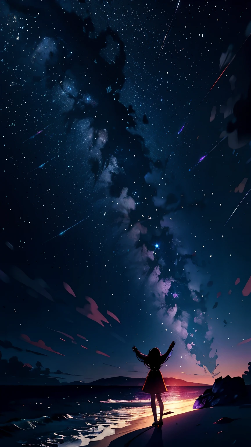 Expansive fireworks photo、(View from below with the sky and the sea below)、Girl standing on the beach and looking up、(fullmoon:1.2)、(shooting stars:0.9)、(nebulas:1.3)、mountain in the distance、(fireflys:1.2)、abajour、Purple and orange、intricate detailes、Volume Lighting BREAK (masterpiece:1.2)、(top-quality)、4k、ultra-detailliert、(The composition of the movement:1.4)、Highly detailed and colorful details(Irridescent color:1.2)